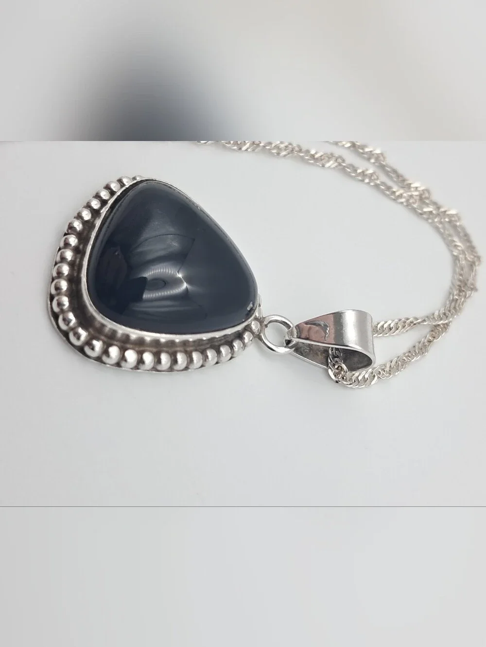 Vintage Navajo Sterling Silver & Black Onyx Triangle Pendant Necklace with Chain